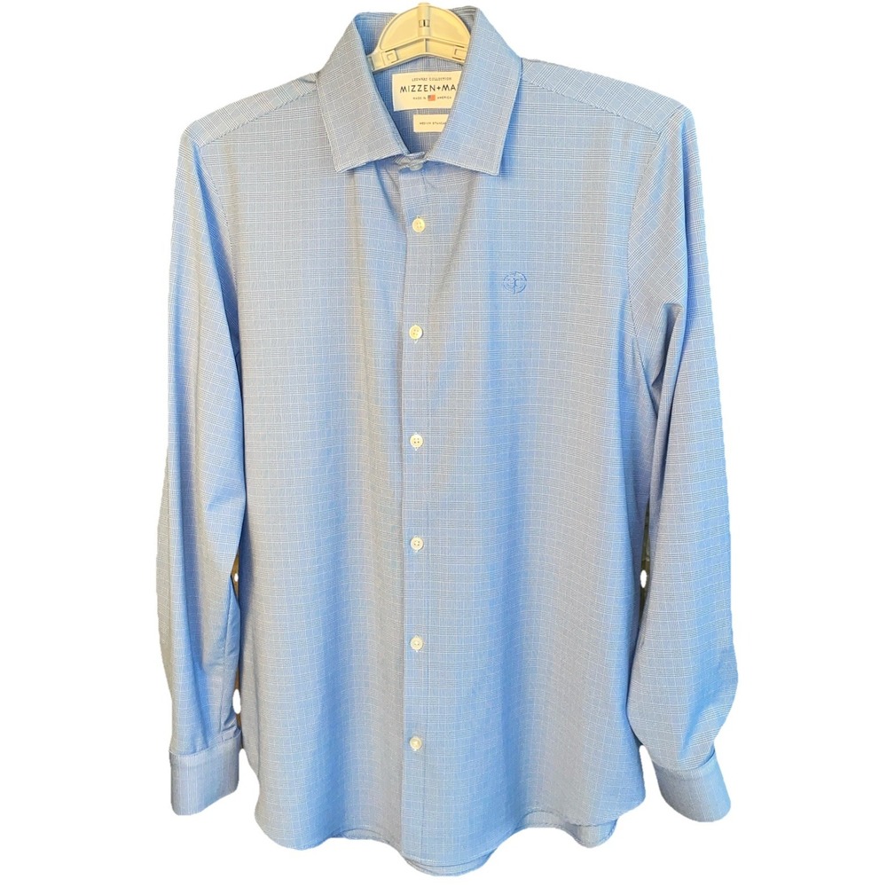 Mizzen+Main Leeward Dress Shirt Medium Standard Fit Blue Glen‎ Plaid Stretch - Picture 2 of 8